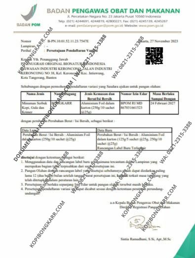 "Surat asli persetujuan pendaftaran BPOM Kopi Bongkar MD 867031661523 milik distributor resmi kopibongkarr.com hubungi wa 0821-2315-3388"