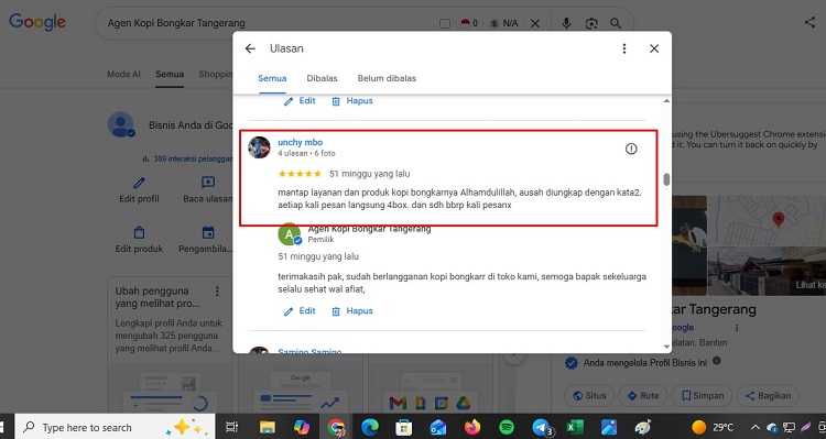 Tangkapan layar testimoni pelanggan setia kopi bongkar bandar lampung yang rutin konsumsi selama 5 tahun untuk menjaga keharmonisan rumah tangga.