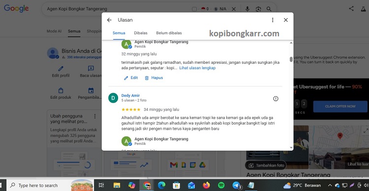Tangkapan layar ulasan pelanggan yang puas dengan khasiat kandungan kopi bongkar asli karena terbukti aman dan bersertifikat BPOM.