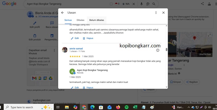 Tangkapan layar ulasan bintang 5 di Google My Business dari pelanggan Kopi Bongkar Makassar yang membuktikan khasiat nyata dan memperingatkan bahaya produk palsu.