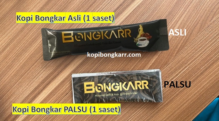 Contoh tampilan fisik saset Kopi Bongkar asli vs palsu yang beredar di pasaran, harap waspada.