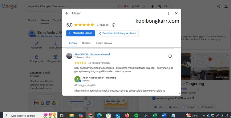 Tangkapan layar ulasan bintang 5 Kopi Bongkar dari pelanggan asli di Yogyakarta via Google Bisnisku.