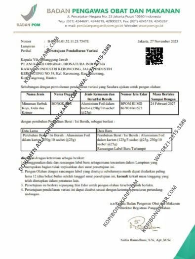 Surat asli persetujuan pendaftaran BPOM Kopi Bongkar MD 867031661523 milik distributor resmi kopibongkarr.com hubungi 0821-2315-3388