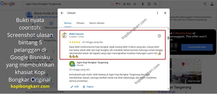 bukti nyata contoh: Screenshot ulasan bintang 5 pelanggan di Google Bisnisku yang membuktikan khasiat Kopi Bongkar Original.