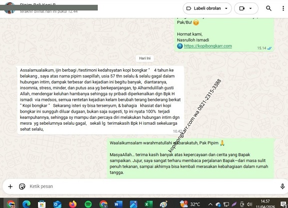 Tangkapan layar testimoni WhatsApp dari pelanggan yang puas setelah membeli produk original melalui agen kopi bongkar asli dan terpercaya.