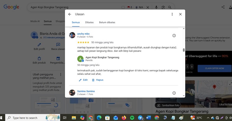 Tangkapan layar ulasan bintang 5 di Google My Business dari pelanggan setia yang puas dengan khasiat kopi bongkar dan rutin membeli 4 box sekaligus.
