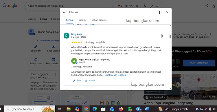 Tangkapan layar profil Google My Business agen resmi Kopi Bongkar, menampilkan rating bintang 5 dan testimoni pelanggan atas keaslian produk dan layanan cepat.