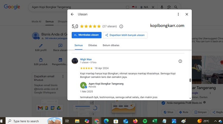 Tangkapan layar ulasan bintang 5 di Google My Business dari pelanggan asli agen Kopi Bongkar Semarang Jawa Tengah tentang khasiat produk dan pelayanan cepat.