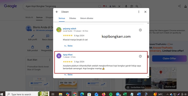 bukti screen shoot testimoni agen kopi bongkar medan sumatera utara.